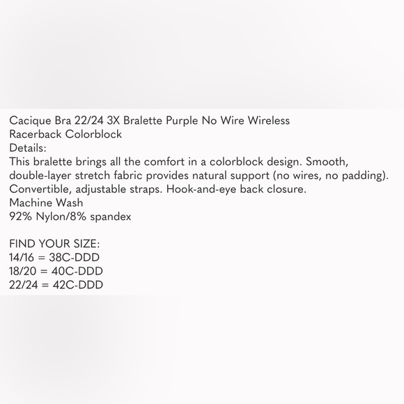CACIQUE Bralette No Wire Wireless Racerback 22/24 (3X) Lavender Black - Picture 4 of 12